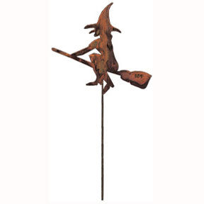 Wrought Iron Rusted Witch and Broom Garden Stake